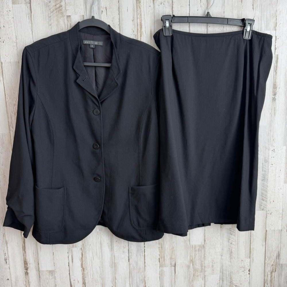 Lafayette 148 Suit Set 14 Black Wool Blazer Skirt Ribbed Boss Babe Quiet Luxury